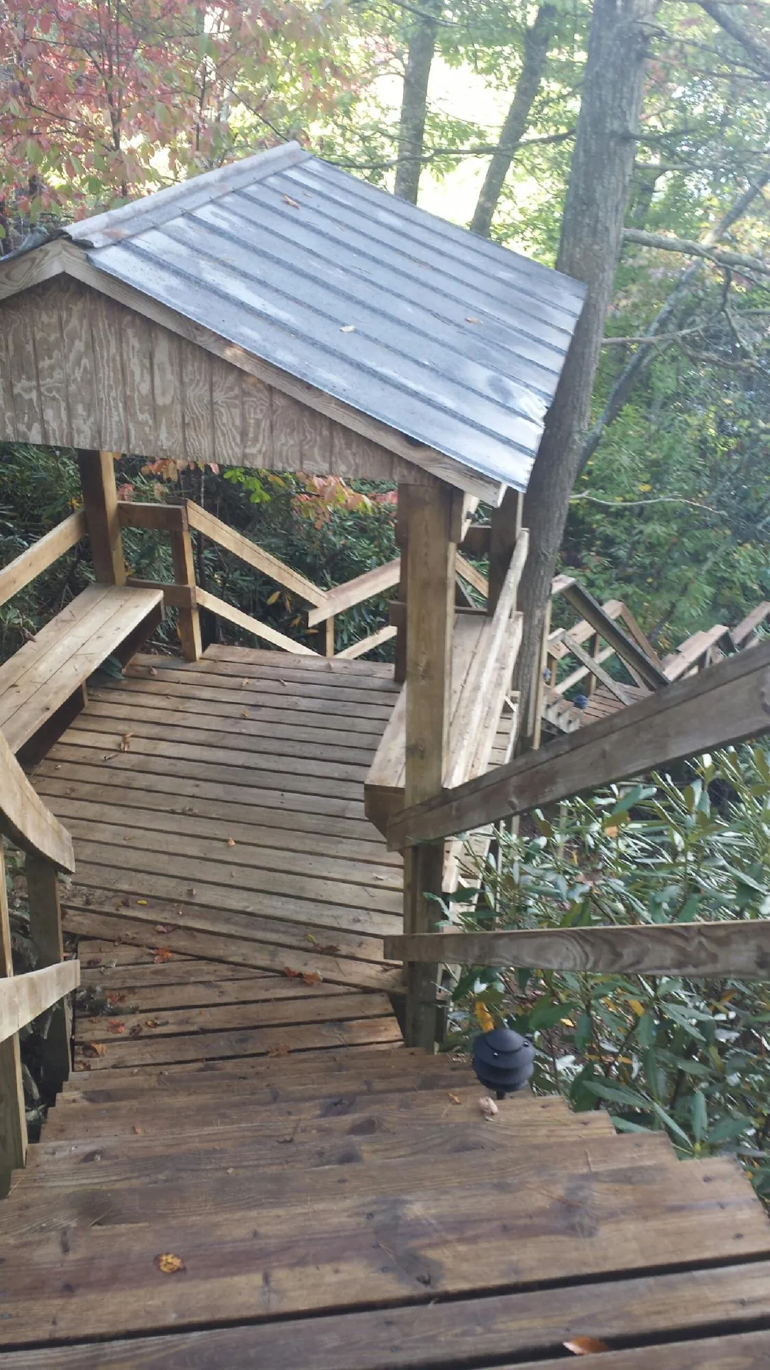 Metal roofed shelter over wooden steps on a wooded walkway — Skylight Repair & Installation work by our crew in Pylesville